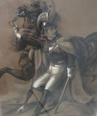 un tableau représentant un homme à cheval, à côté d'un cheval