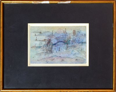 tableau encadré et monté sous passe-partout représentant une ville avec un pont