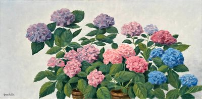 a painting of a potted plant with pink and blue flowers