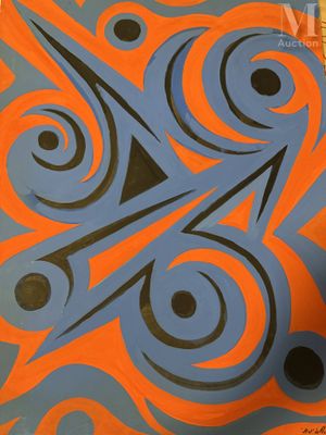 un dessin orange et bleu sur une feuille de papier