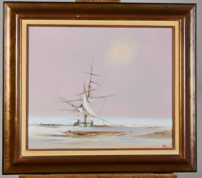 an oil painting of a ship in the ocean with a full moon in the background
