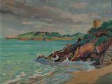 an image of a painting of a rocky beach with a lighthouse in the distance