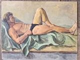 a painting of a man laying on a bed