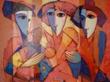 tableau représentant trois femmes portant des chapeaux et tenant un éventail à la main