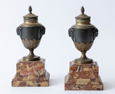 pair of black and gold urns on marble bases on a white background