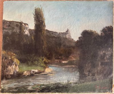 an image of a painting of a river with a castle in the background