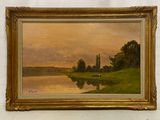 une peinture à l'huile représentant un paysage avec un lac au premier plan et des arbres à l'arrière-plan
