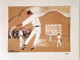 a painting of a man hitting a ball with a bat