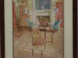painting of a living room with a fireplace and chairs in it