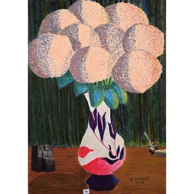 une peinture de fleurs dans un vase sur une table