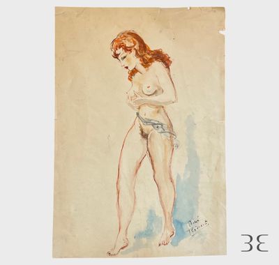 On voit sur une feuille de papier le dessin d'une femme en maillot de bain