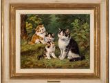 a painting of a group of cats sitting in the grass