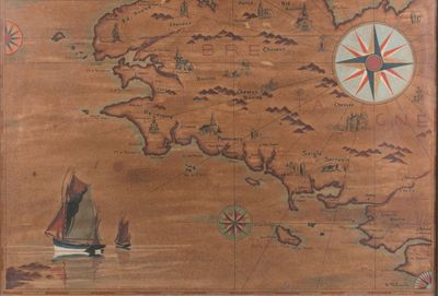 une carte sur laquelle figurent une boussole et un voilier sur l'eau
