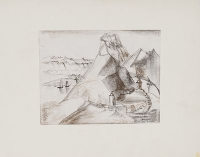 dessin au crayon représentant une tente dans les montagnes, avec une montagne en arrière-plan