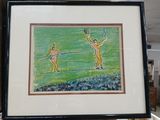 painting of two women playing tennis in a room with wood paneled walls