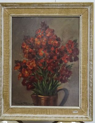un tableau représentant un vase contenant des fleurs rouges