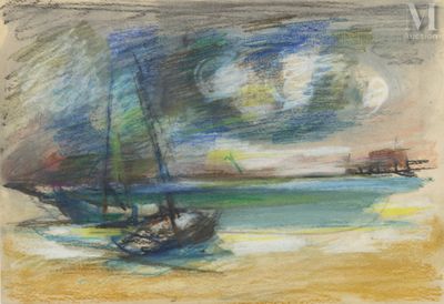 peinture d'un voilier sur une plage avec une pleine lune en arrière-plan