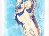 une peinture représentant la tête d'un chien sur fond bleu
