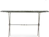 a green marble top console table with brass legs