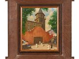 an oil painting of a church with a clock tower in the background