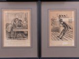 two framed pictures of a man and a woman playing a game of chess
