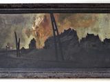 an image of a painting of a city with a fire in the background