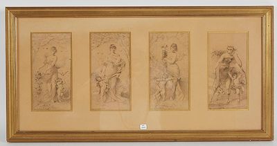 three framed drawings of a man and a woman and a dog