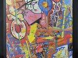 peinture abstraite représentant une œuvre aux couleurs et formes variées sur fond noir