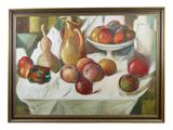 a painting of apples and pears on a table