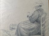 a drawing of a woman sitting on a chair