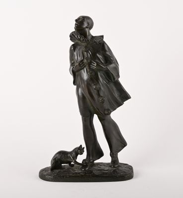 bronze statue of a woman with a dog on a white background
