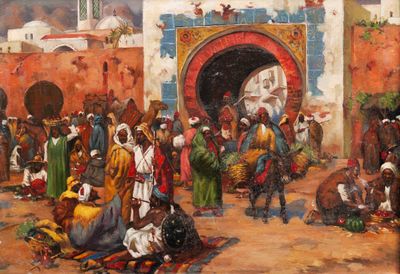 painting of a group of people standing in front of a building