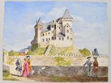 a painting of a castle on a hill with people walking by