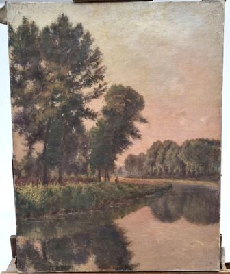 painting of a landscape with a river and trees in the foreground
