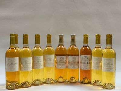 six bouteilles de vin sont alignées sur une surface blanche