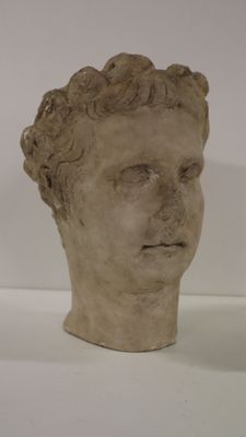 une statue représentant la tête d'un homme sur un fond blanc