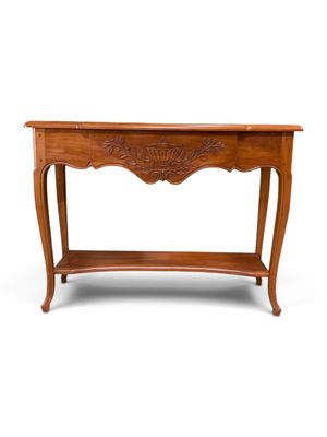 an image of a wooden table with a shelf underneath it