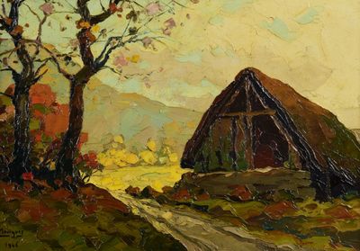 tableau représentant une grange dans un champ, avec des arbres et un chemin de terre