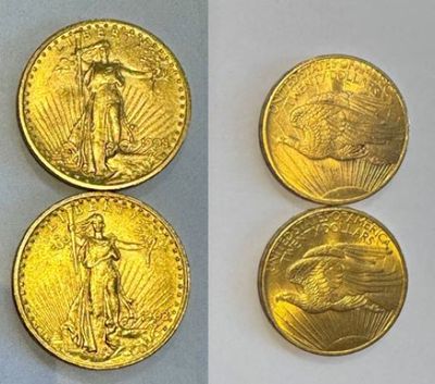 trois types différents de pièces d'or, dont l'une est un Saint-Gaudet et une autre est