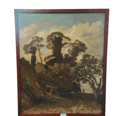une peinture à l'huile représentant un paysage avec des personnages dans un décor boisé