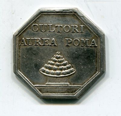 une pièce d'argent sur laquelle est représenté un gâteau, posée sur un fond blanc