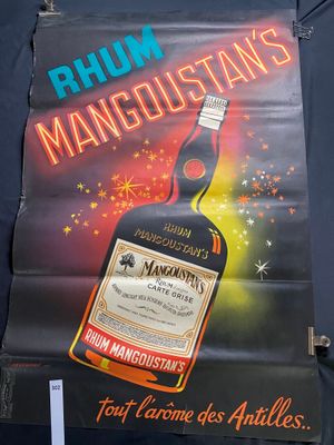 poster of a bottle of rum hanging on a wall in a room
