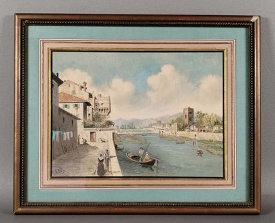tableau représentant un paysage fluvial avec un bateau au premier plan
