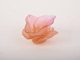 une fleur rose posée sur une surface blanche