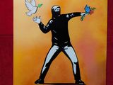 un tableau représentant un homme tenant une colombe et une fleur