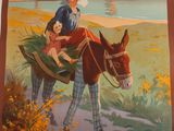 tableau représentant une femme et un enfant chevauchant un âne sur la plage