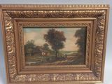 a painting of a farm scene with a horse drawn carriage