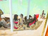 un tableau représentant un groupe de personnes assises sur la plage