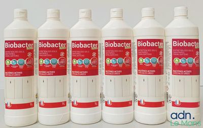 six bouteilles de Biobacter sont alignées sur une table