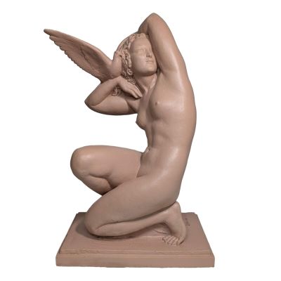 statue of a nude woman sitting on a base with her hands behind her head